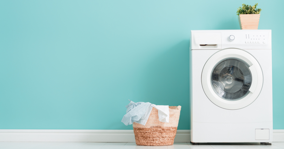 a washing machine and a washing basket against a blue background