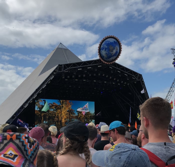 crowd at Glastonbury Festival in front of the Pyramid Stage