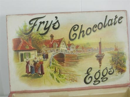 Fry family invented both easter egg and water supply. Picture is of an antique Fry's chocolate eggs sign, with an 1800s family stood next to a bridge going over a river