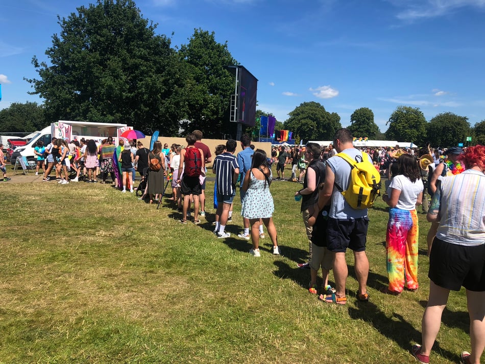 Long queues for the Bristol Water Bar at Bristol Pride