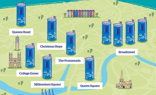 An illustrated map of Bristol, with water fountains located in various locations 