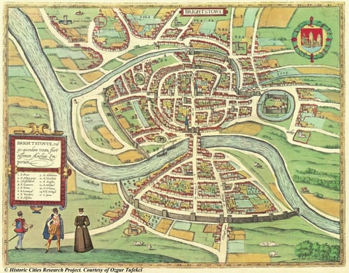 A medieval map of Bristol, then known as Brightstow, showing the city and the River Avon flowing under the only bridge in the town.