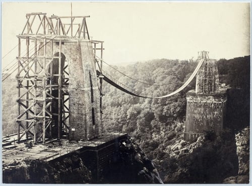 Black and white photograph of the construction of the Suspension Bridge in Bristol.