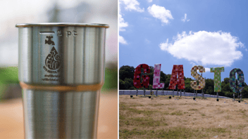 A Bristol Water refill cip and the Glastonbury sign on top of Pennard Hill