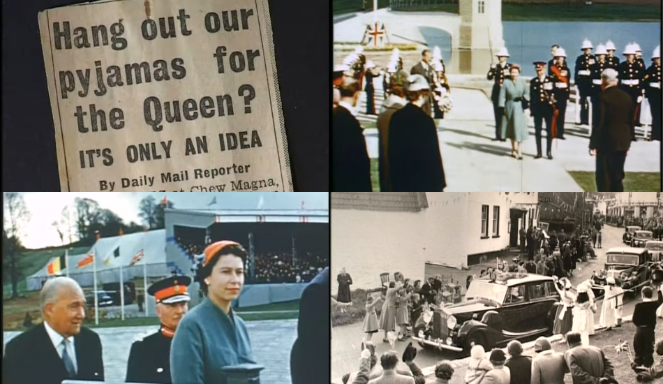 From left to right: 1) a Daily Mail headline reading 'Hang out our pyjamas for the Queen?'  2) Queen Elizabeth II walking along the newly constructed Chew Valley Lake, flanked by men in military uniform. 3) Queen Elizabeth II wearing a red hat and blue dress, walking in front of Chew Valley Lake 4) The Queen and Prince Phillip are greeted by waving crowds in Chew Magna as they drive through.