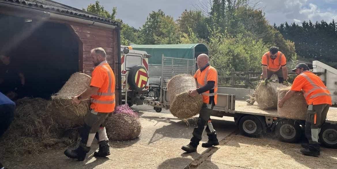 workmen loading bales into the hay barn at HorseWorld