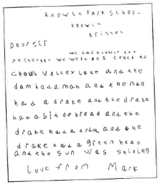 A letter written by a child from Knowle Park School in Bristol in 1975, thanking them for the new picnic area at chew valley lake 