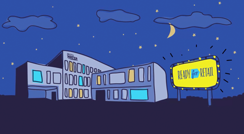 A cartoon of an office building at night, with a large yellow sign that says 'ready for retail'.