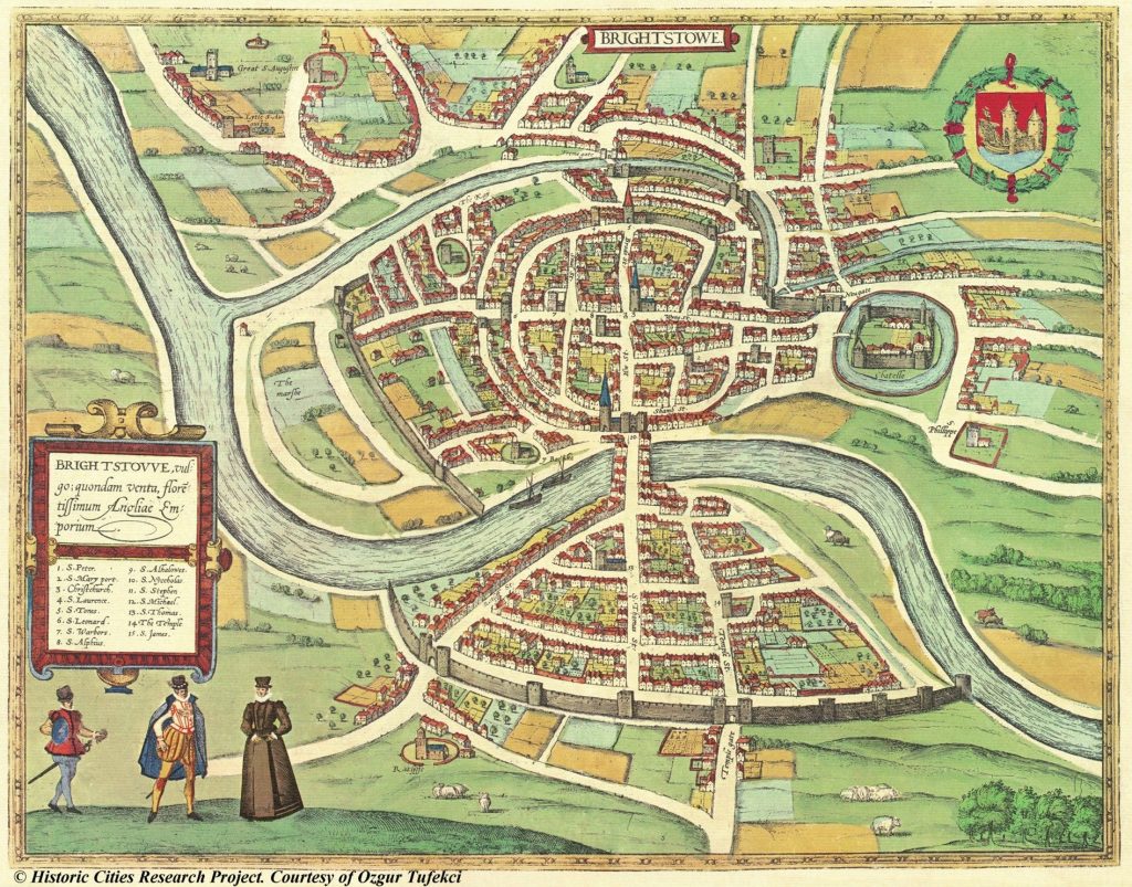 A hand drawn map of Bristol, then known as Brightstowe, in 1695