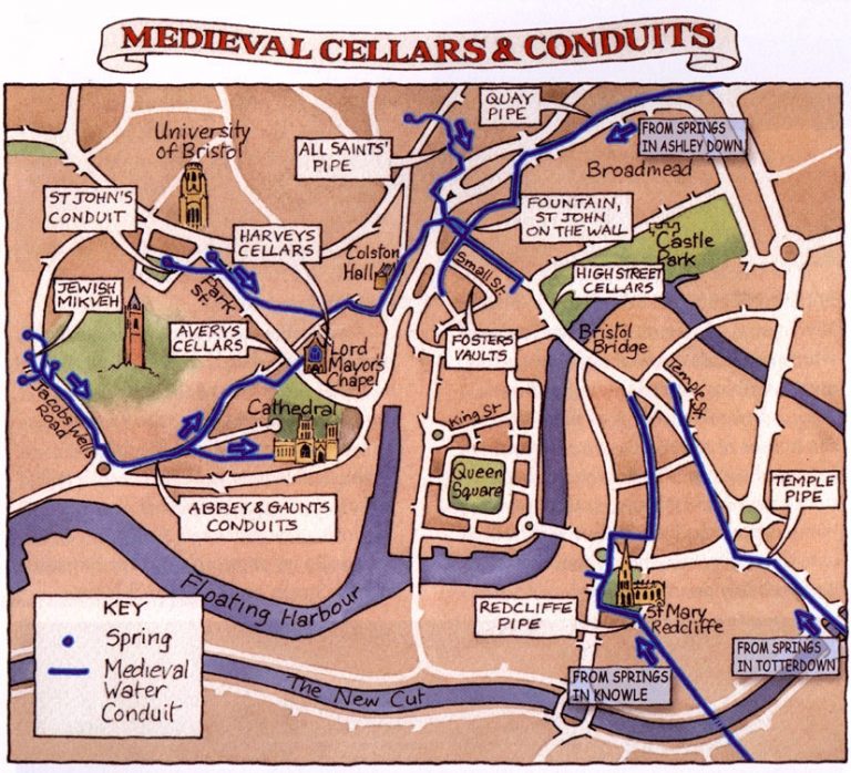 A hand drawn map of medieval cellars and conduits