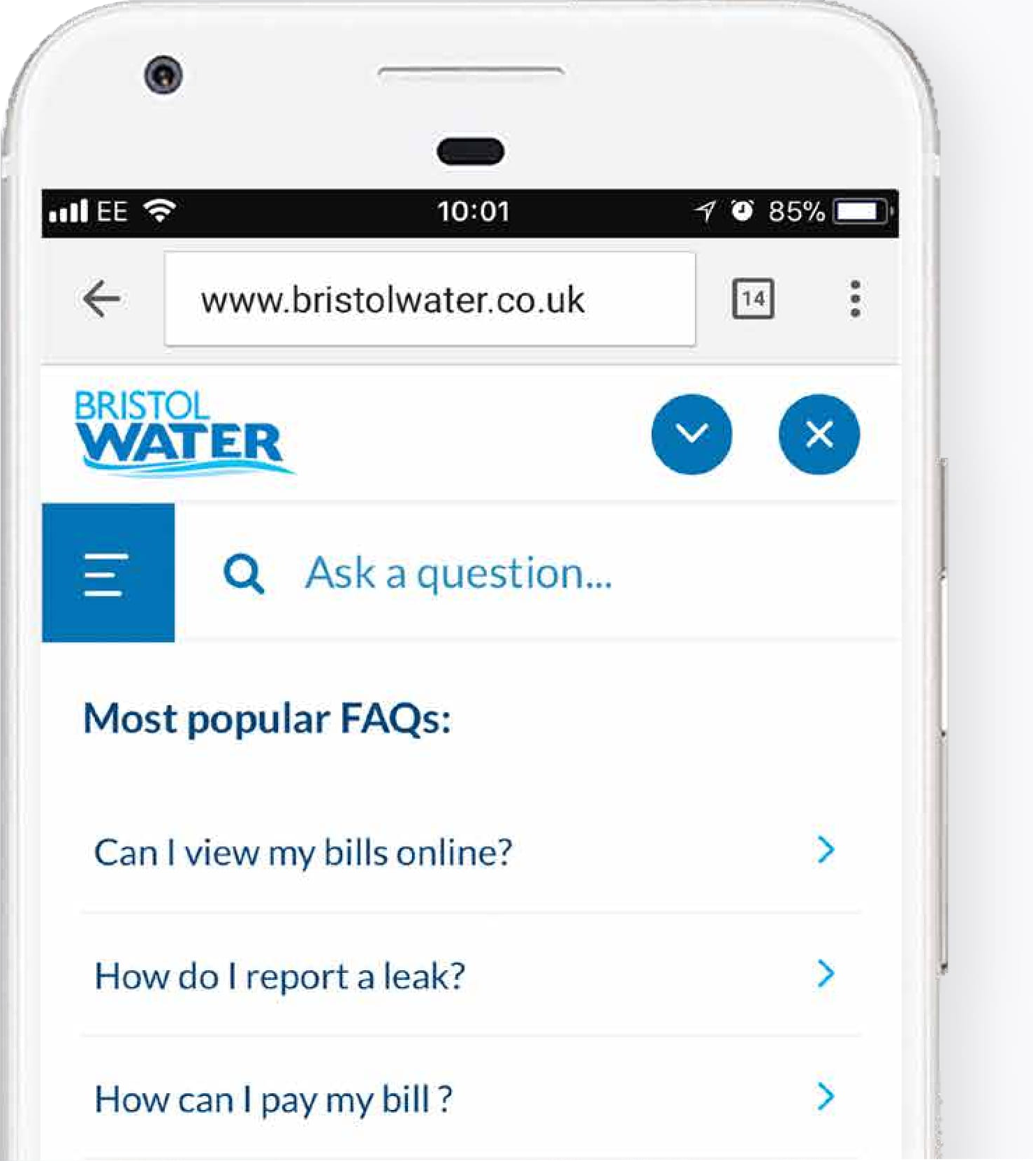 phone showing the Bristol Water website
